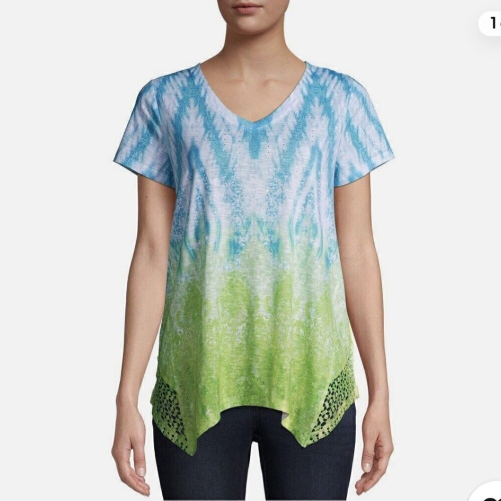 NWT Time And Tru Blue & Green Short Sleeve Sharkbite hem Tee, Size L (12-14)